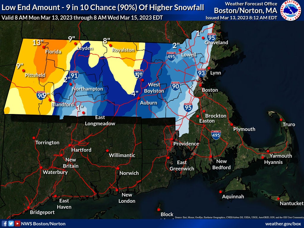 Map of low end snowfall forecast