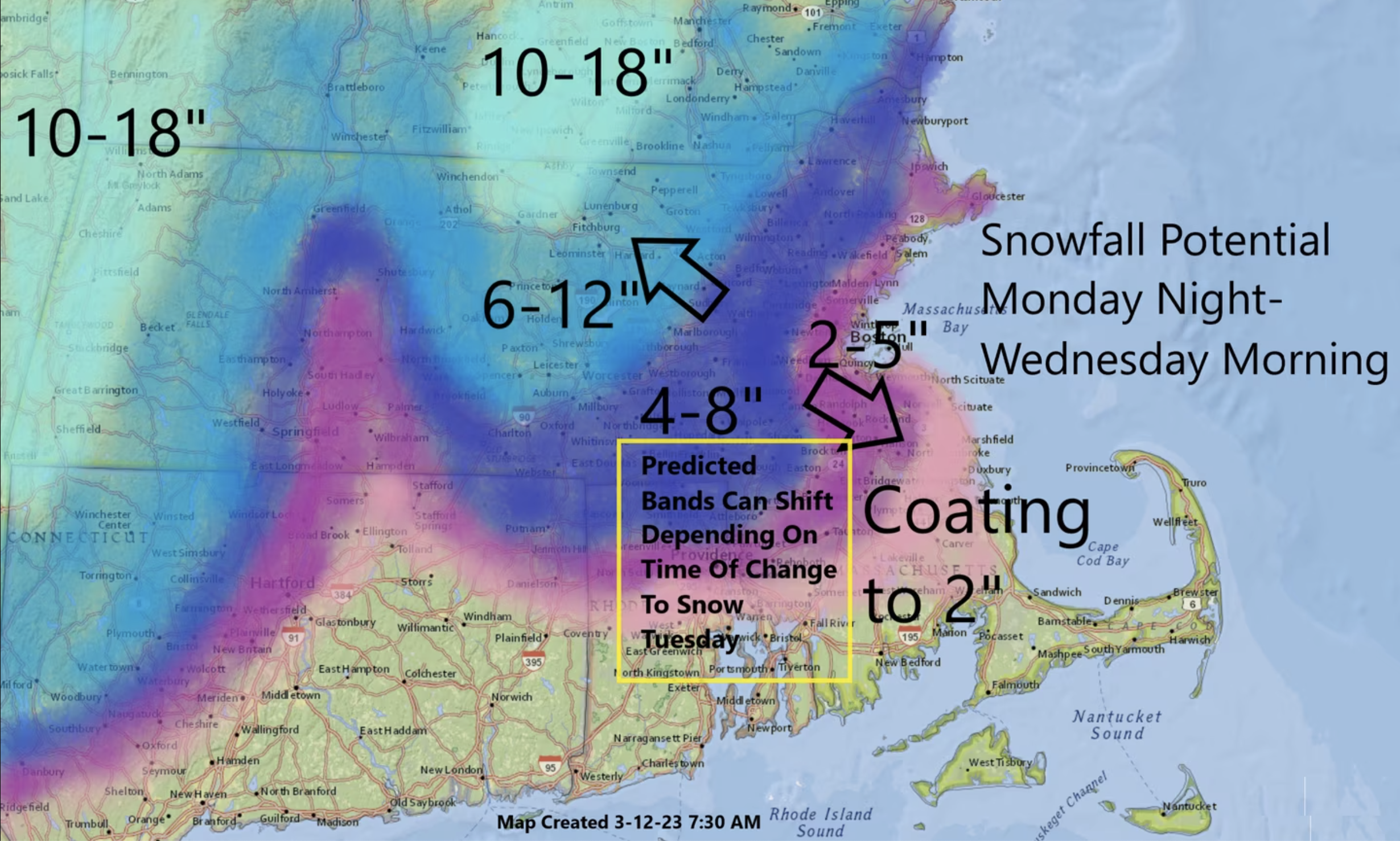 A snow forecast map shows 2 to 5 inches expected in Boston.