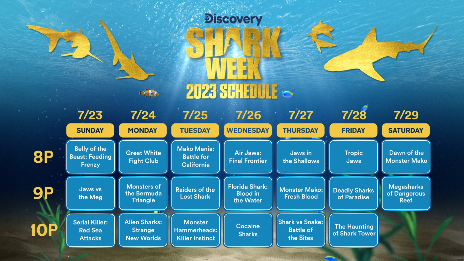 Un calendario completo para la Shark Week 2023 de Discovery Channel.
